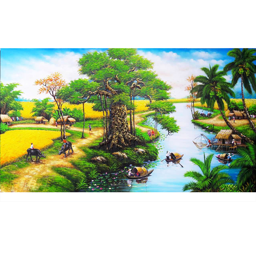 tranh 3d hồ cá đồng quê, trang trí bể cá decal 3 lớp có keo sẵn. kích thước đa dạng