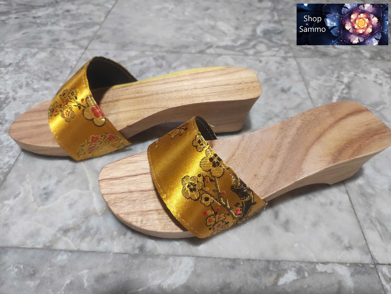 Guốc Gỗ Guốc Mộc Cao 5 Phân Quai Gấm Lụa ( Có đóng thêm đế cao su )
