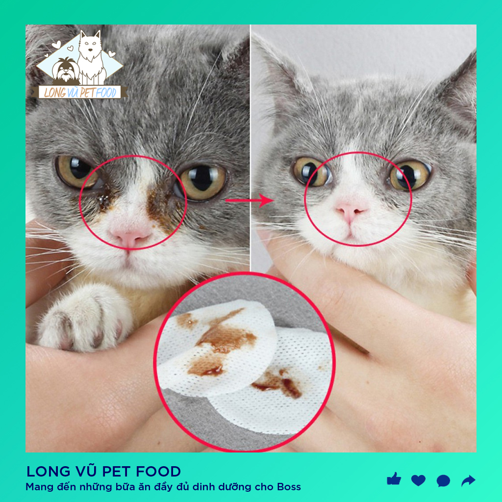 Khăn lau mắt tai ố cho chó mèo hộp 120 miếng, công thức nhẹ nhàng, an toàn dễ sử dụng - Long Vũ Pet Food