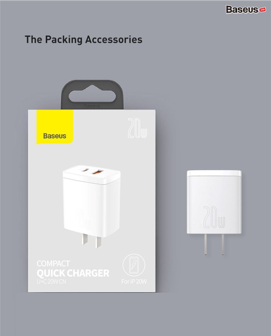 Củ sạc nhanh Baseus Compact Quick Charger PD 20W ( USB + Type C Dual Port, QC 3.0 Multi Quick Charge Support ) chân cắm US