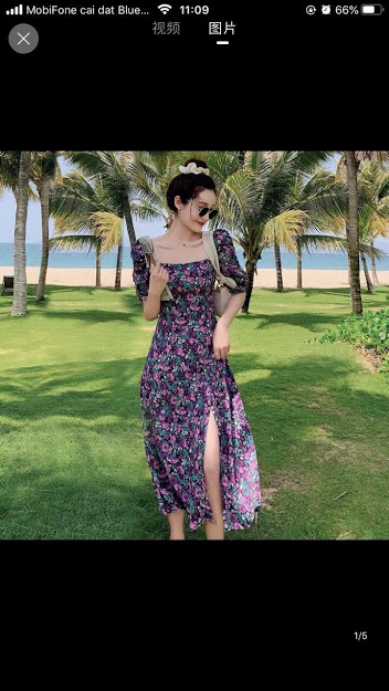 Đầm xoè hoa tím xẻ tà