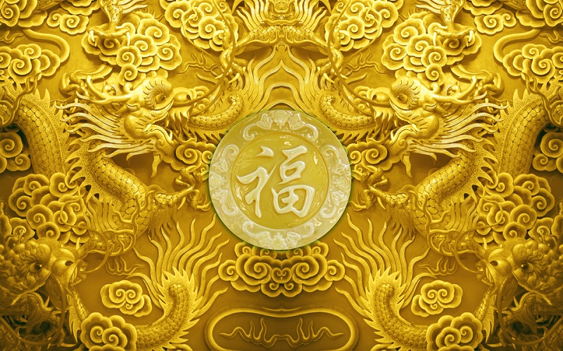 Tranh dán tường VTC Song long chữ phúc Lunawall-0029 phủ kim sa