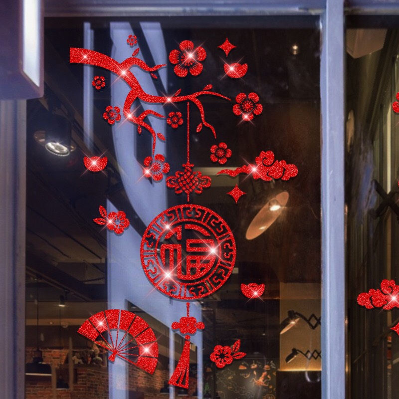 [HCM]Decal trang trí tết - Cành Mai đỏ quạt què đỏ 02