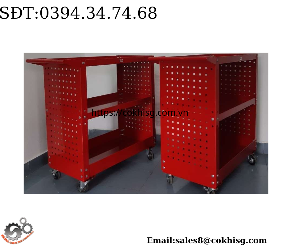 Xe đẩy 3 tầng có vách treo dụng cụ