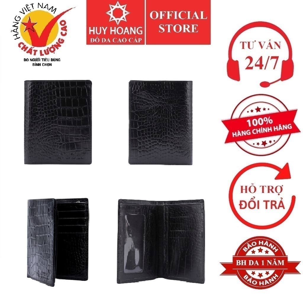 Ví nam da bò vân cá sấu kiểu đứng màu đen HK2120