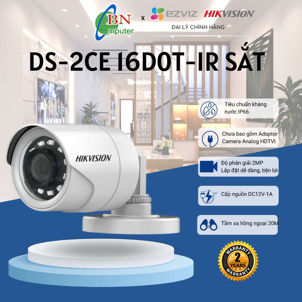 Camera HDTVI Hikvision DS 2CE 16DOT-IR vỏ sắt dạng thân
