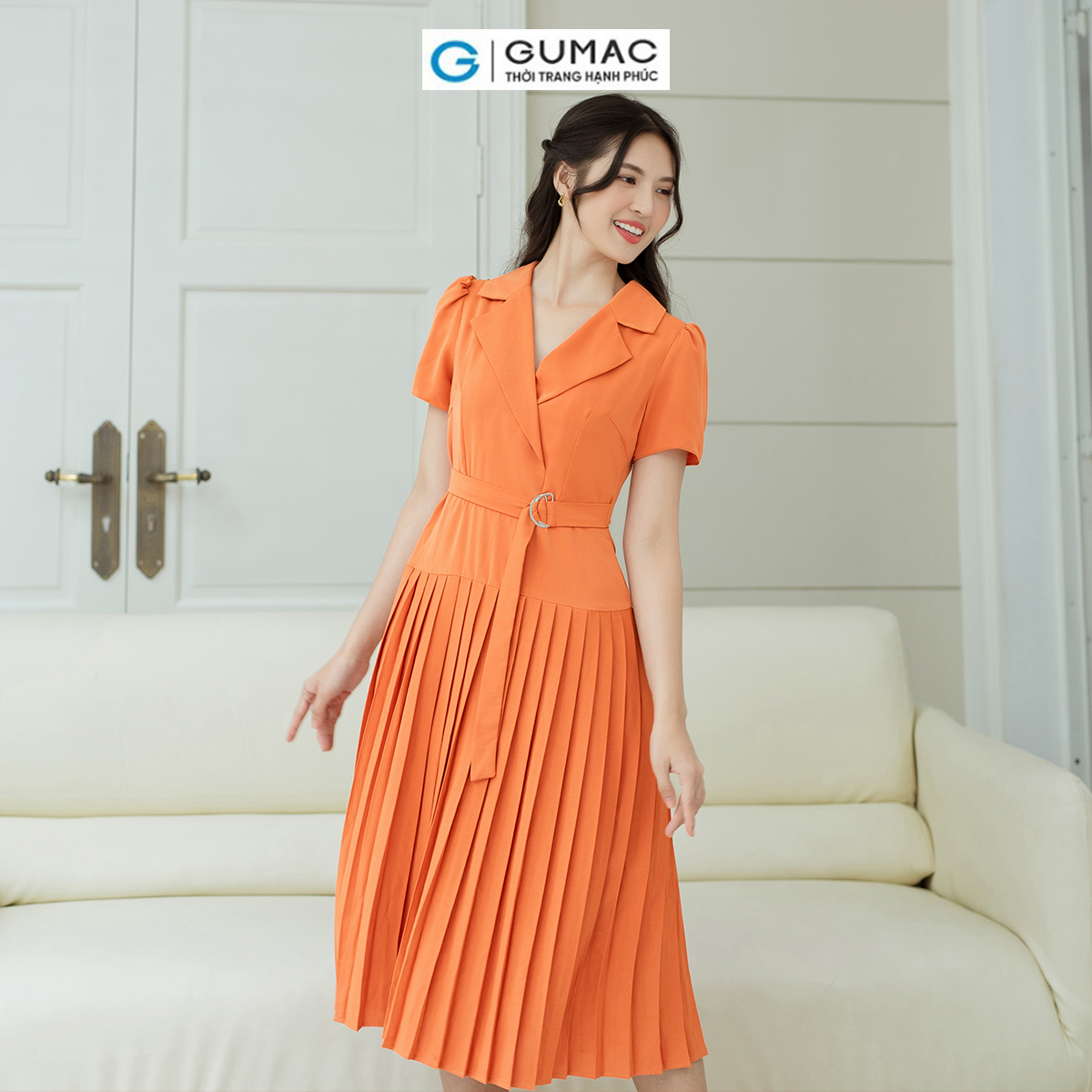 Đầm nữ dáng A cổ danton GUMAC DD08016 dập ly, eo phối dây khoen kiểu
