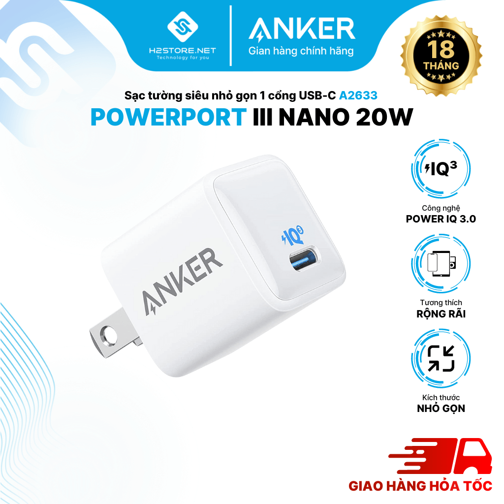 Sạc ANKER Powerport III Nano 20W 1 cổng USB-C PiQ 3.0 tương thích PD - A2633 - Hỗ trợ sạc nhanh 20W cho iPhone 8 trở lên.