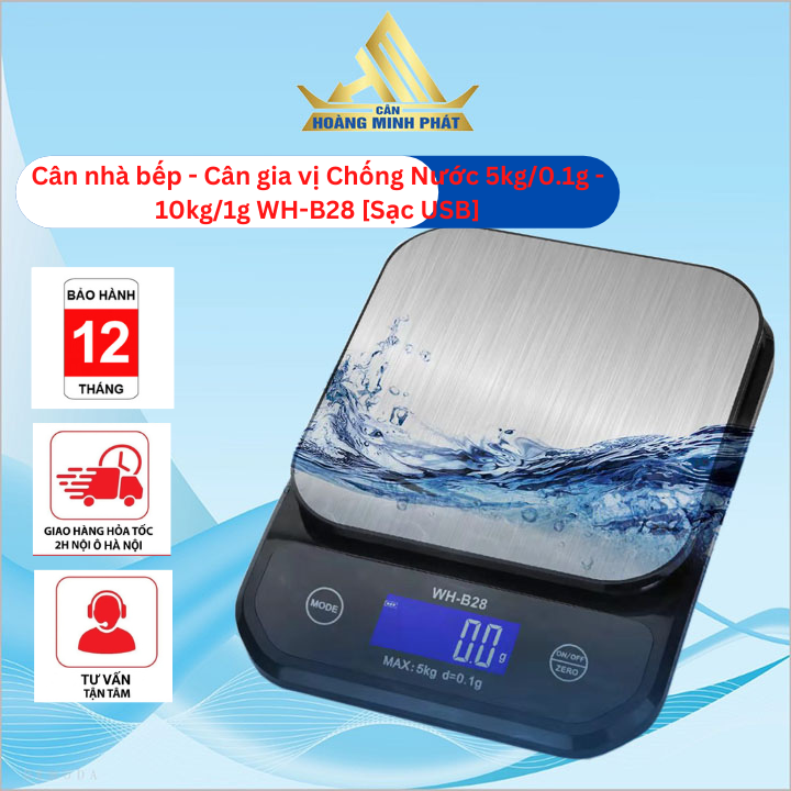 Cân bếp điện tử chống nước, cân tiểu ly nhà bếp, cân để bàn chống nước 5kg/0.1g - 10kg/1g wh-b28 sạc usb