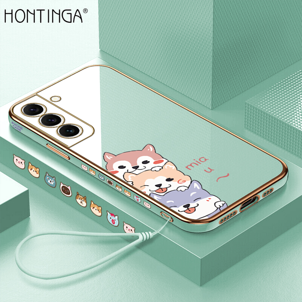 Hontinga Casing Case For Samsung Galaxy S22 S22+ S22 Plus S22 Ultra 5G Case Fashion Cute Cartoon Dogs Luxury Chrome Plated Soft TPU Square Phone Case Full Cover Camera Protection Anti Gores Rubber Cases For Girls