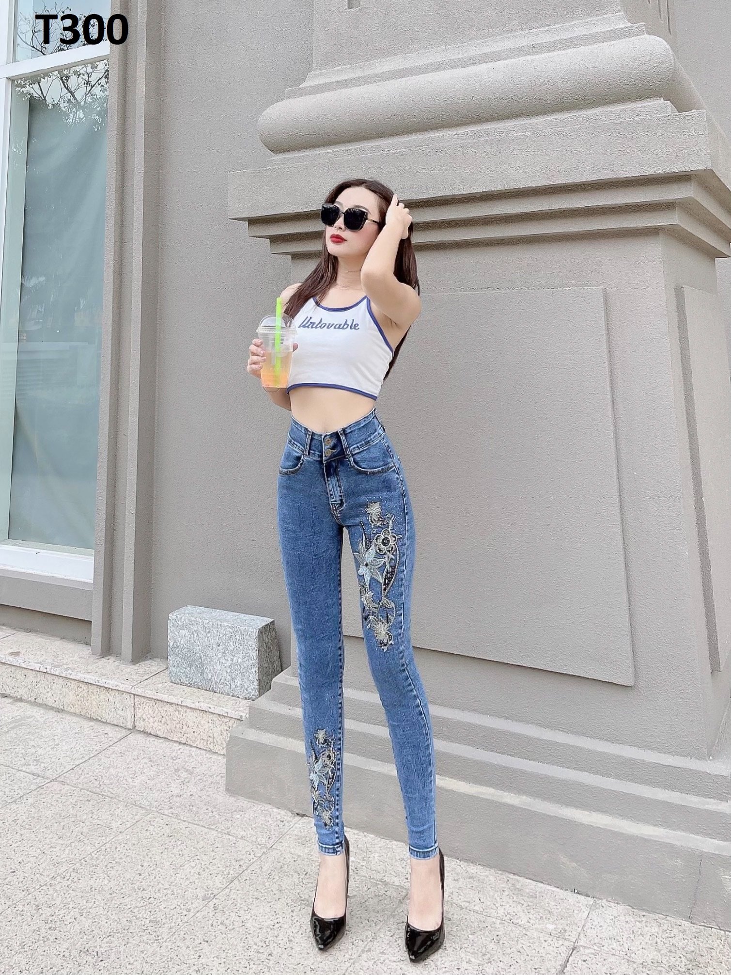Quần jean nữ thêu hoa co giãn T300
