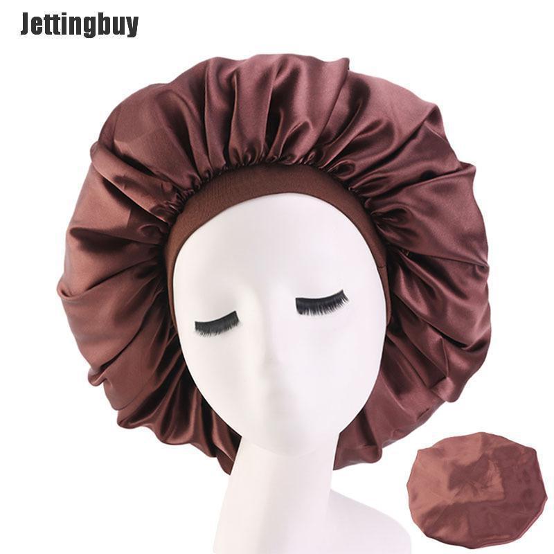 Jettingbuy Large Night Sleeping Cap Hair Bonnet Hat Head Cover Satin Wide Band Adjust Caps