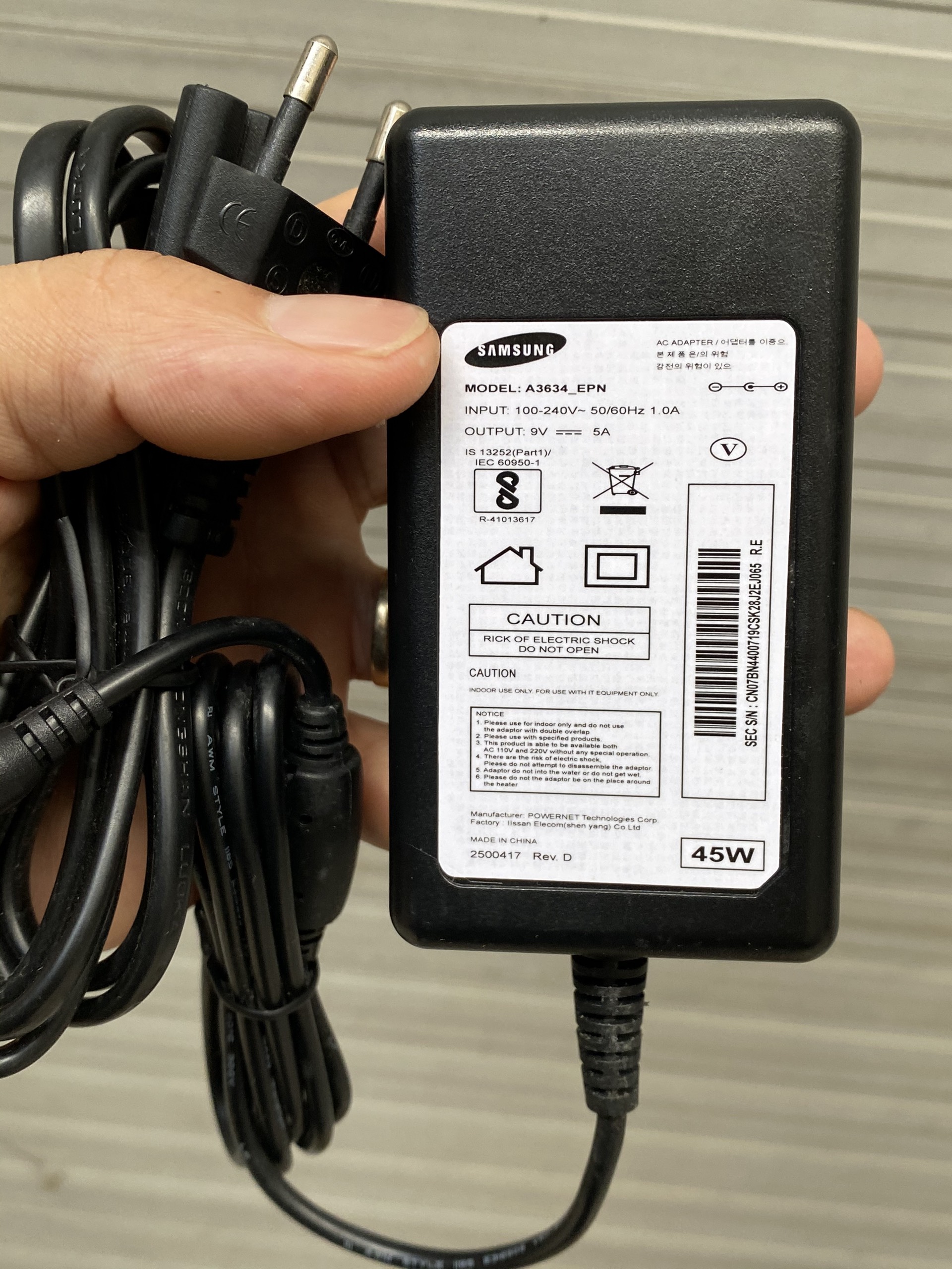 Bộ nguồn 9V 5A chuẩn Samsung cung cấp