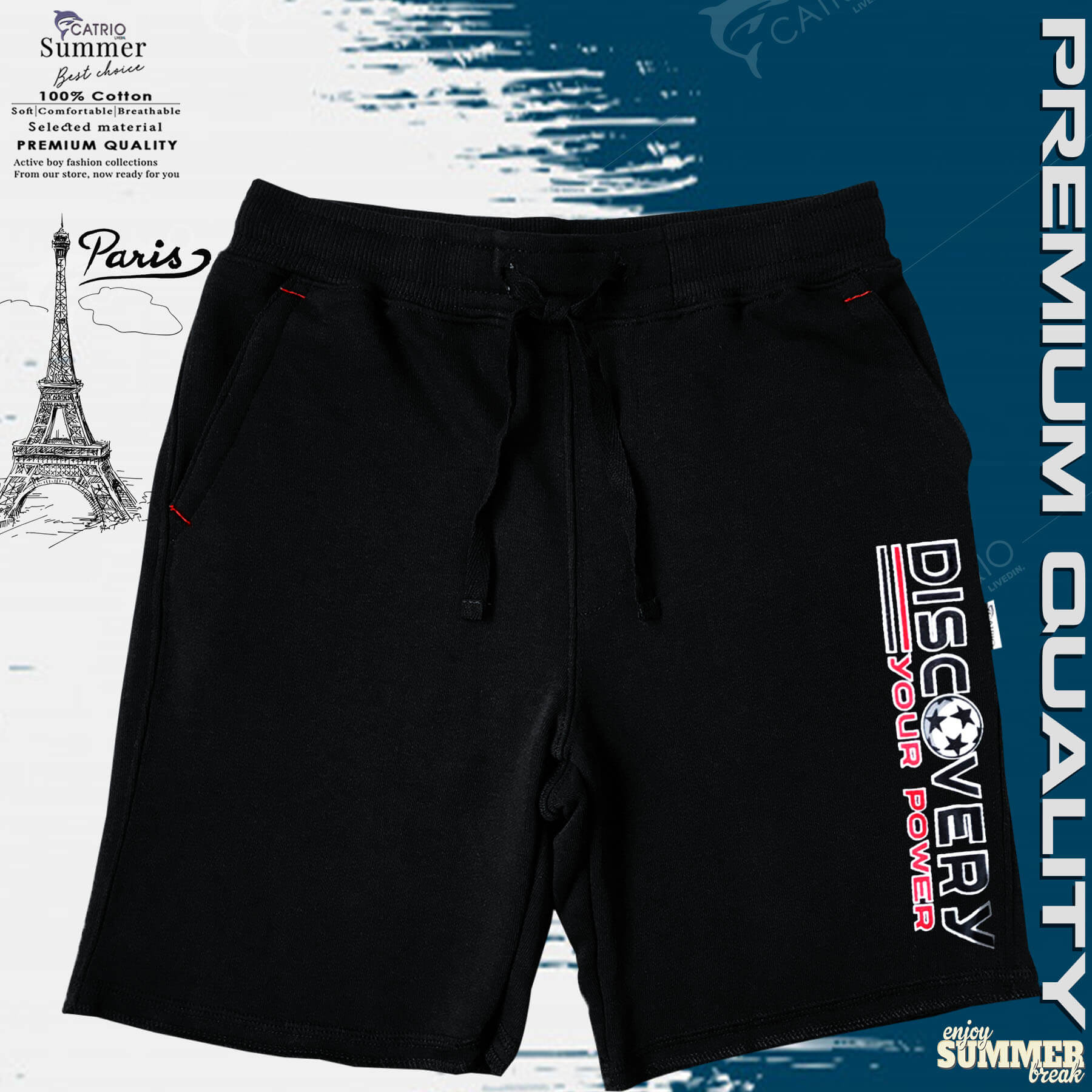QUẦN SHORT THUN BÉ TRAI CATRIO TỪ 5 tuổi(20kg) đến 14 tuổi(50kg) là QUẦN NGỐ TRẺ EM, QUẦN LỬNG BÉ TRAI, QUẦN SÓC COTTON, IN DISCOVERY màu ĐEN kết hợp áo phông ngắn tay CATRIO thành bộ đồ tuyệt đẹp cho bé trai mặc đi chơi, đi học