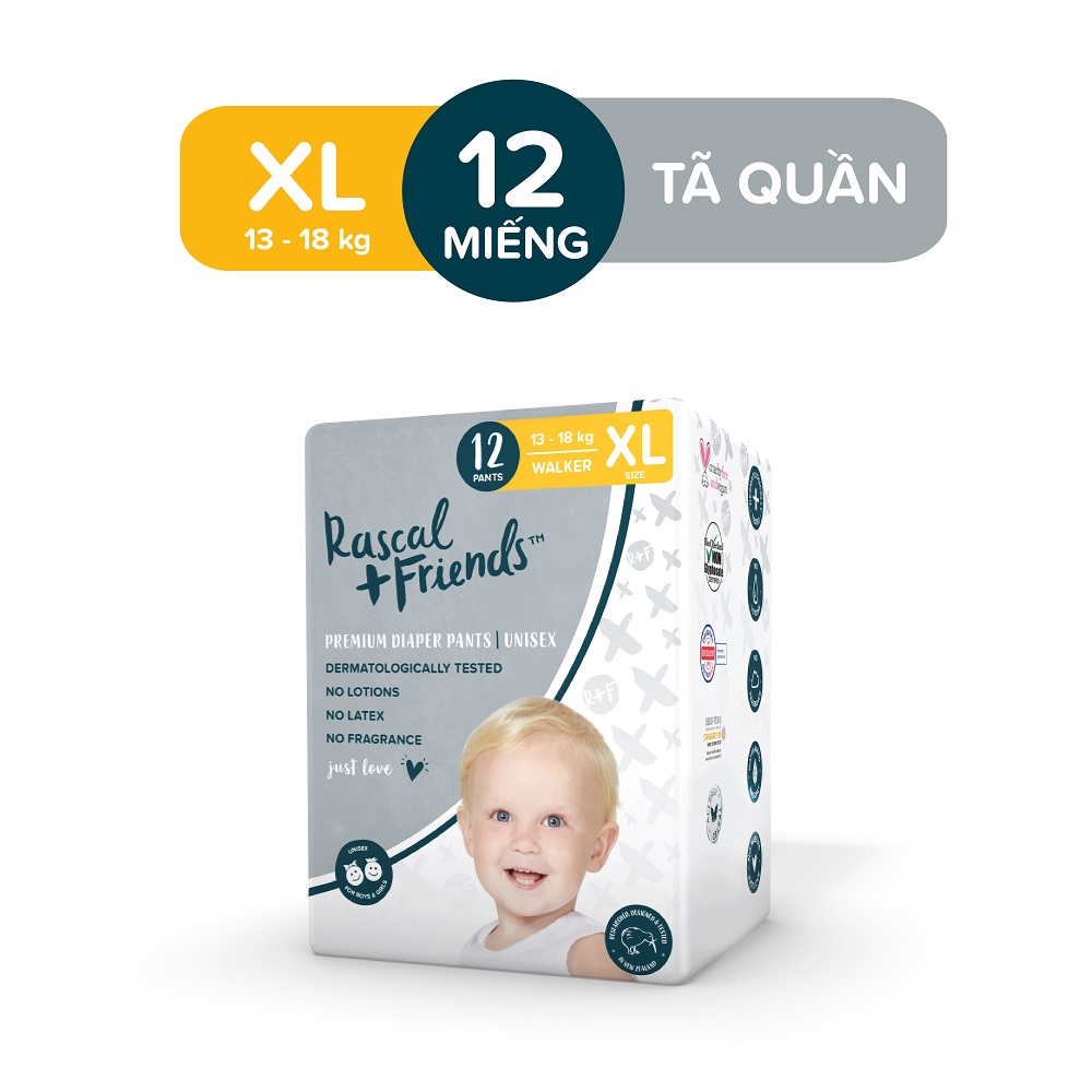 Tã/Bỉm Quần Rascal + Friends cho bé 13kg-18kg- Size XL 12 miếng SIÊU SALE HOT