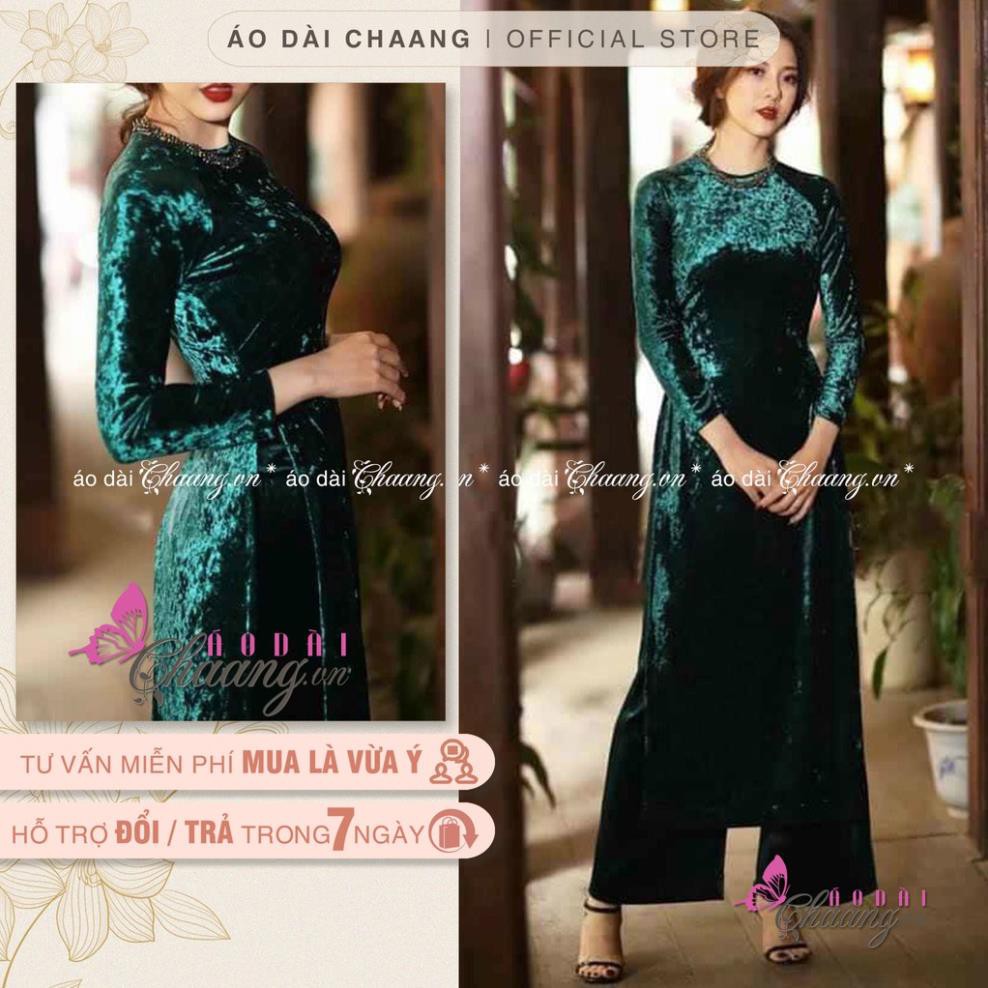 Áo dài nhung nhám xanh_Chaang_May sẵn áo dài truyền thống cổ tròn, vải co giãn tốt