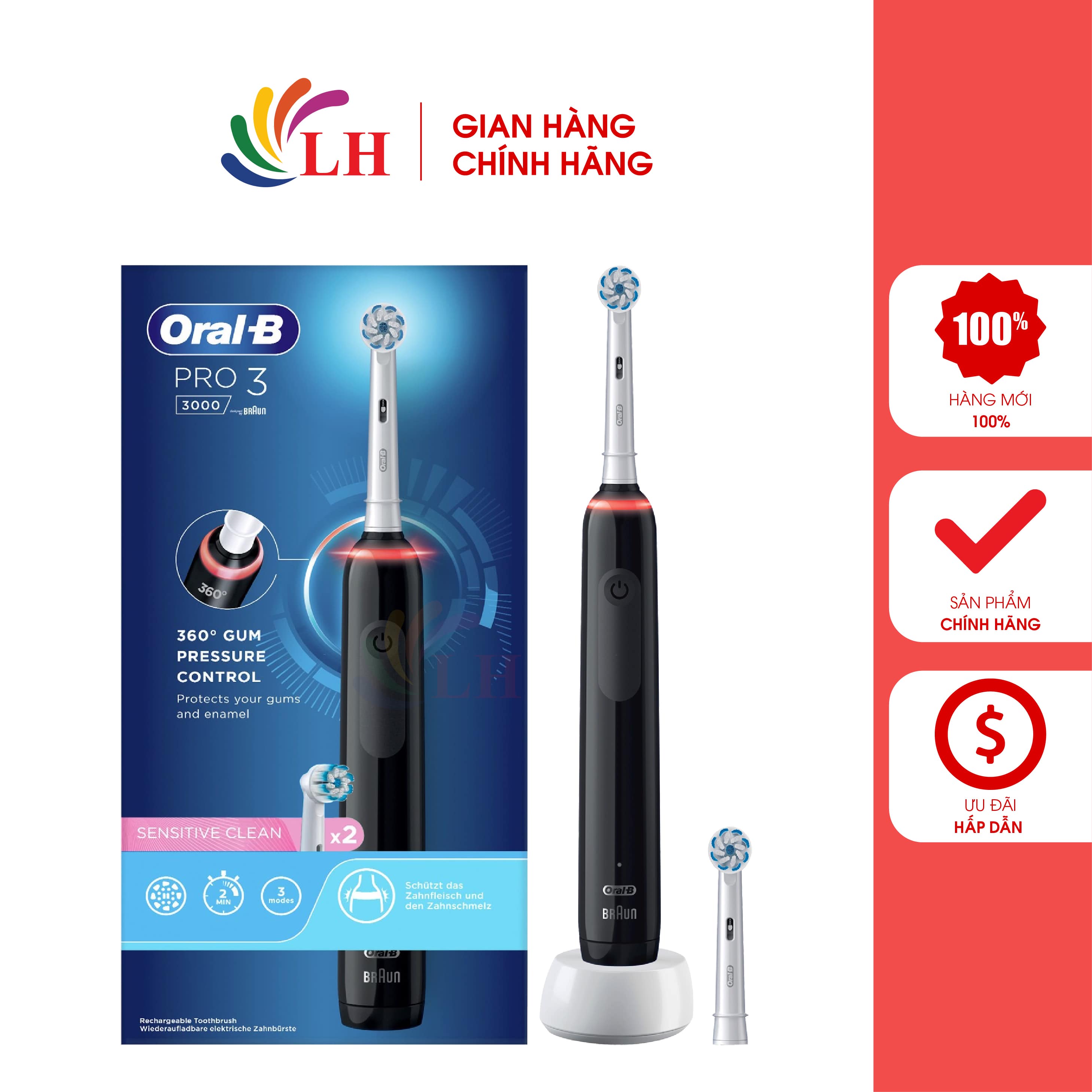 Bàn chải điện Oral-B Pro 3 3000 Sensitive Clean - 3 chế độ, làm sạch sâu, công nghệ 3D