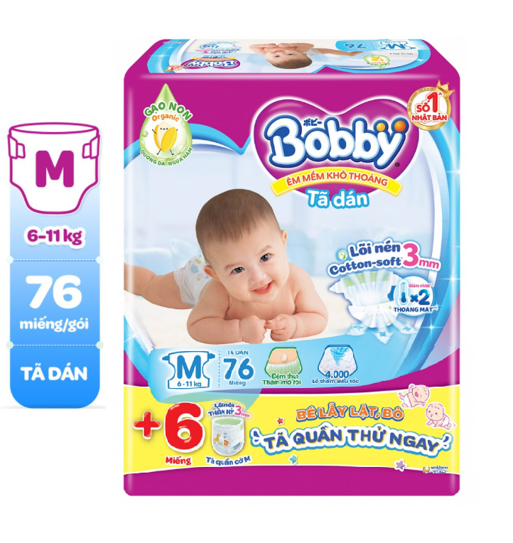 Tã dán Bobby size S80+6m/ M76 / M76+6m (tã dán sơ sinh)