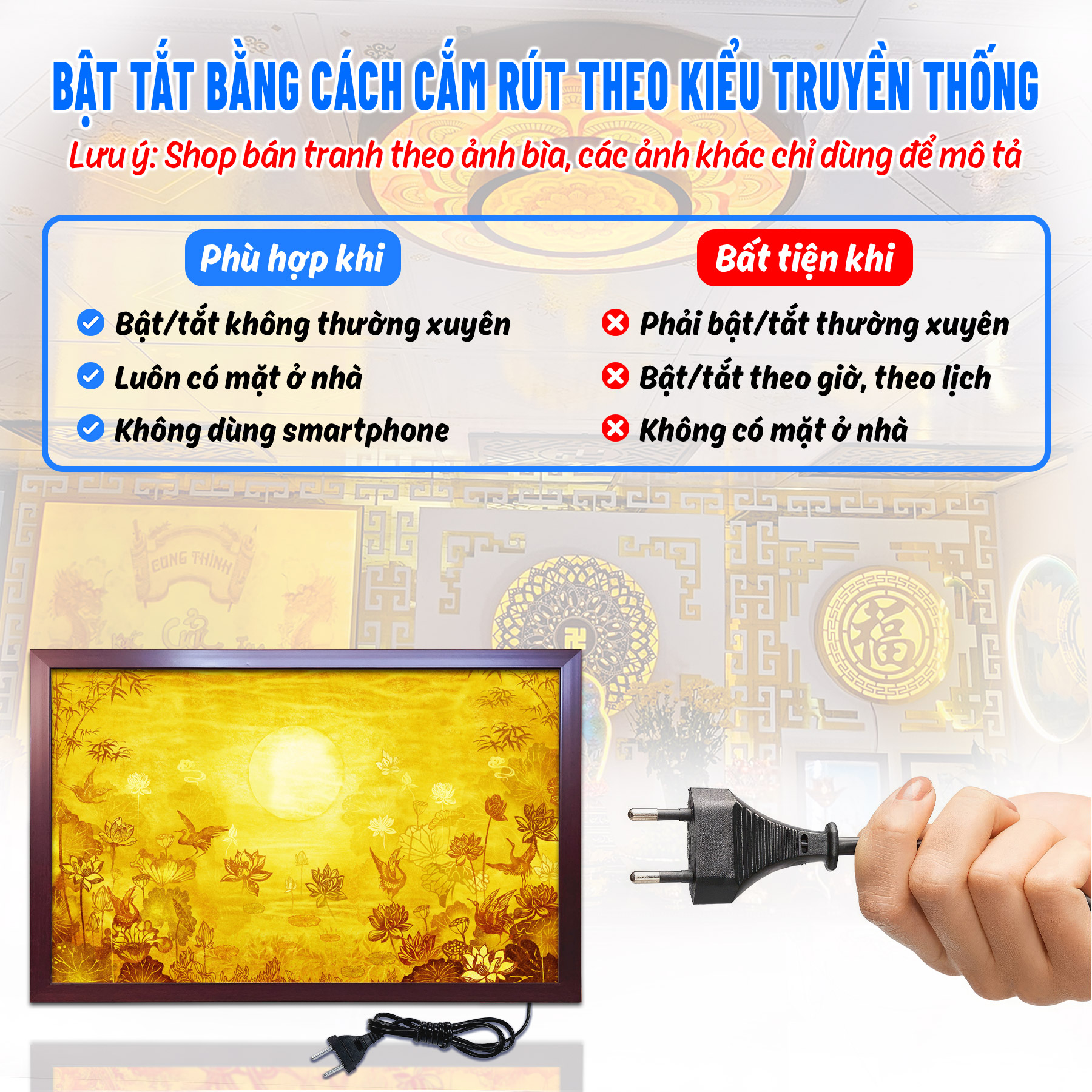 Đèn bàn thờ hoa sen chim hạc in tranh trúc chỉ ngang chân thiện mỹ, tranh treo phòng thờ, ban thờ gia tiên tc-tn-65