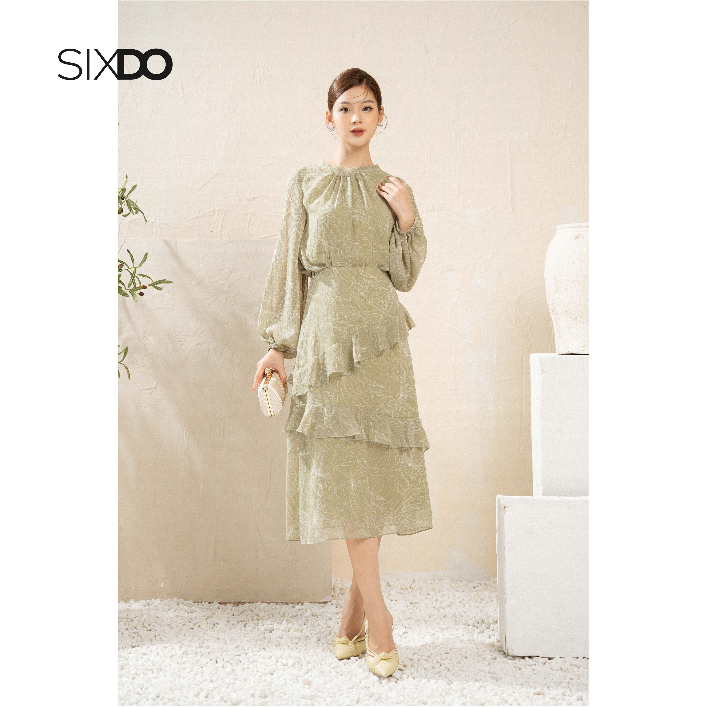 Chân váy voan phối bèo thời trang SIXDO (Floral Midi Voile Skirt)
