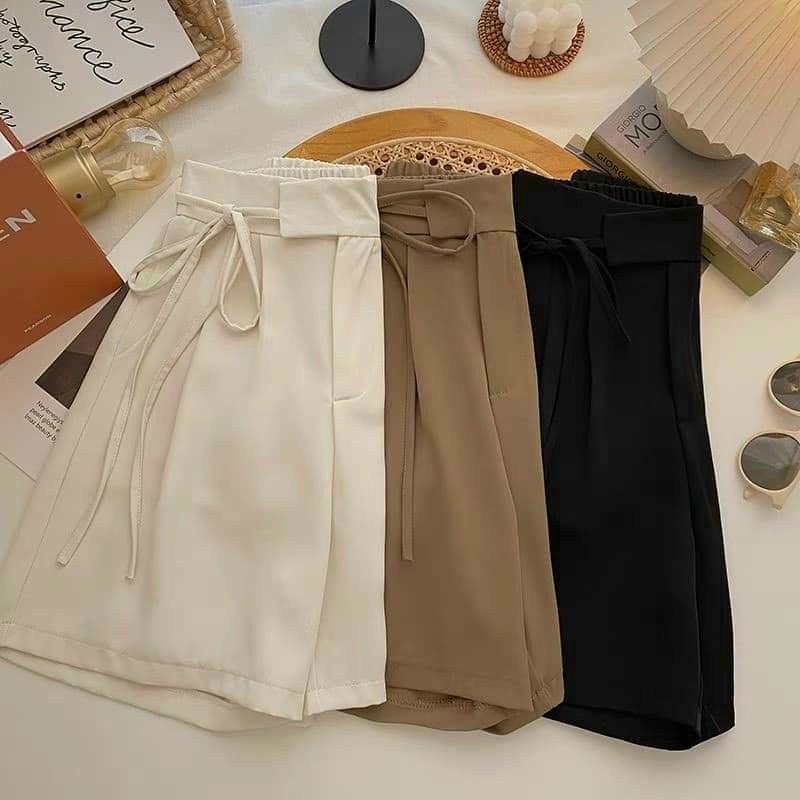 Quần short nữ cạp cao quần sooc nữ ống rộng cột dây nơ eo chất Ruby mềm mịn
