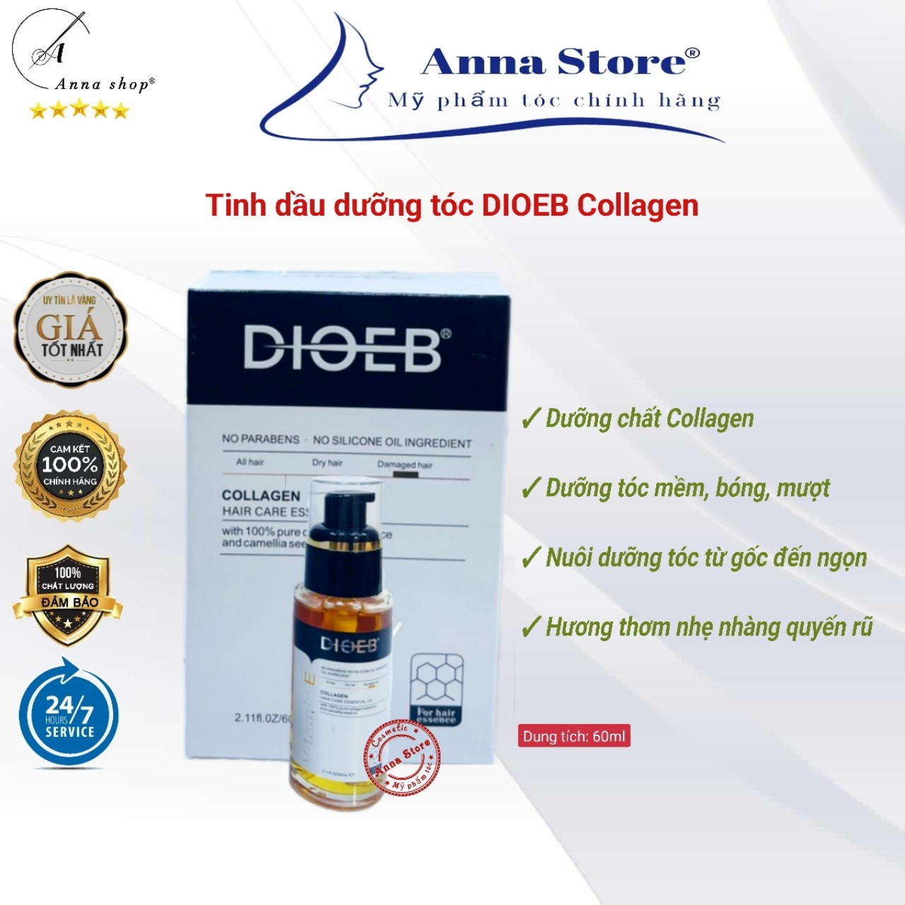 Tinh dầu dưỡng tóc DIOEB Vitamin E Collagen, Tinh dầu dưỡng bóng tóc giúp tóc mềm mượt 60ml
