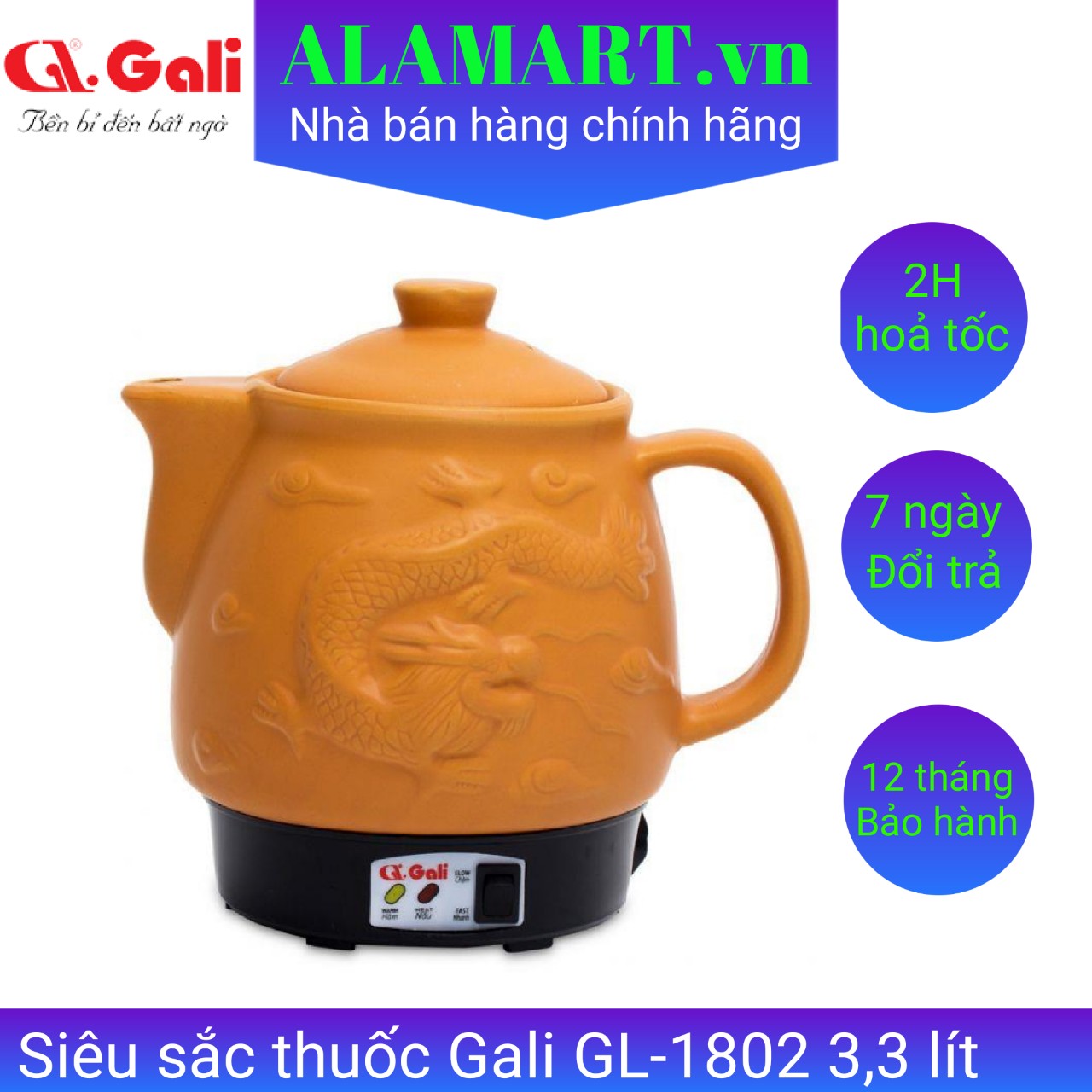 Ấm sắc thuốc điện 3.3 lít Gali GL-1802, siêu sứ tráng men cao cấp - Hàng chính hãng