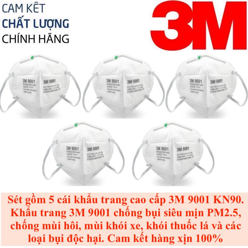 Sét gồm 5 cái Khẩu Trang 3M 9001 tiêu chuẩn KN90 cấu tạo bằng vải không dệt màng lọc tĩnh điện cấu tạo từ các sợi tĩnh điện siêu nhỏ giúp hô hấp dễ dàng và thoáng mát chống các loại bụi siêu mịn PM2.5, virus, hiệu quả lọc 90%