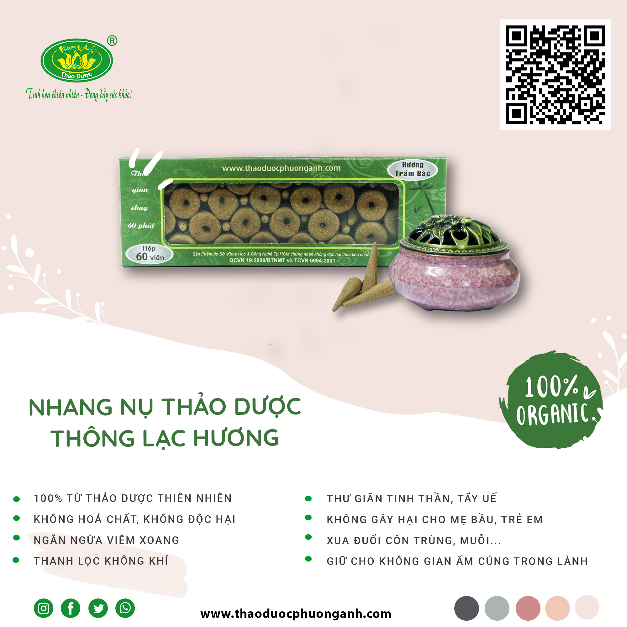 Nhang nụ thảo dược Thông Lạc Hương  mùi Trầm Bắc 30/50/60 viên Thảo Dược Phương Anh