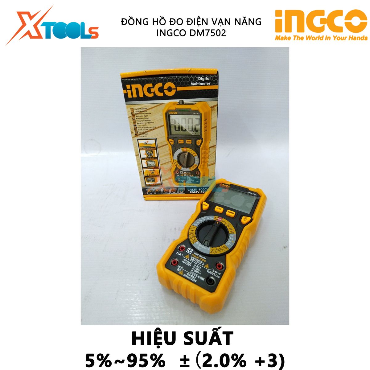 Đồng hồ vạn năng INGCO DM7502 Đồng hồ đo điện vạn năng LCD, số đếm 6000 đo điện áp, dòng điện AC/DC, đo tần số và nhiệt độ
