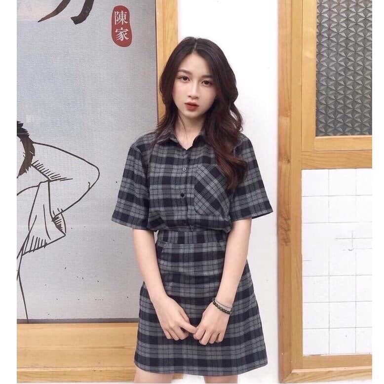 set áo và chân váy nữ họa tiết caro phối túi trẻ trung nữ tính - áo sơ mi caro phối túi - chân váy caro nữ -Thời trang sài gòn giá rẻ