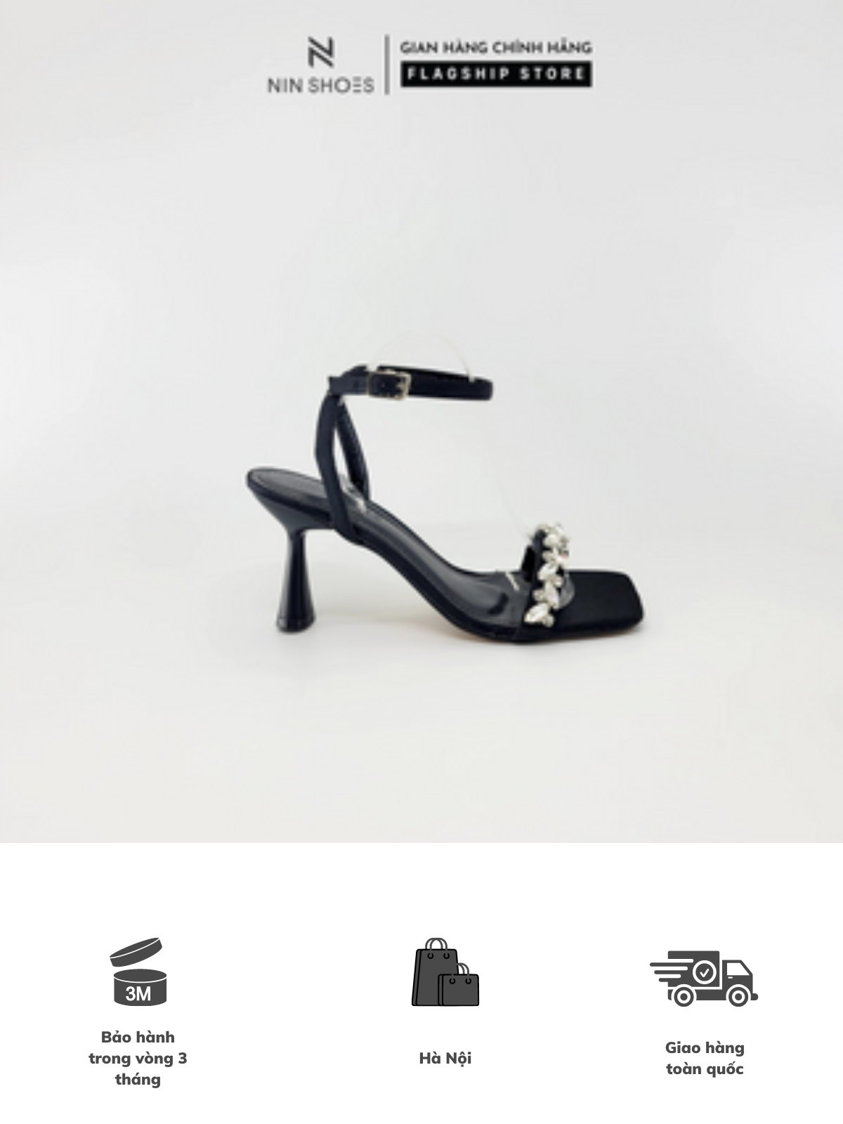 Giày Sandal Ninshoes - Sandal 6P đính đá đế bầu mũi vuông quai cài hở sau