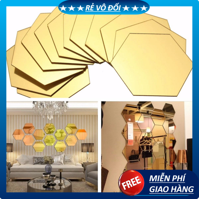 Bộ 10 Miếng tráng gương dán tường hình lục giác, dễ tháo lắp, bền, Gương dán tường lục giác 23*26,5*13,2cm