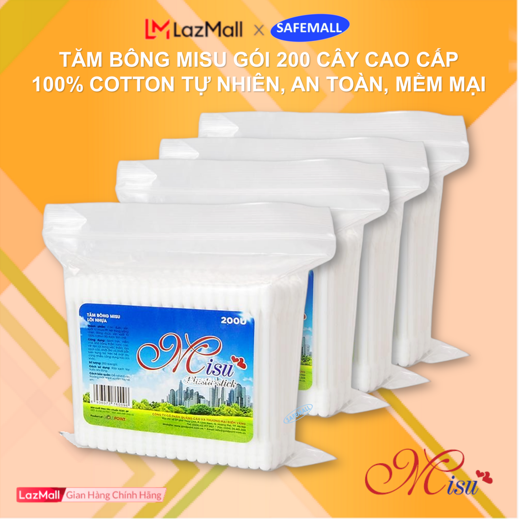 Tăm bông ráy tai Misu gói 200 que lõi nhựa cao cấp 100% cotton thấm hút tốt, Tăm bông Misu đa công dụng vệ sinh, trang điểm..., Tăm bông ráy tai người lớn trẻ em - Hàng chính hãng SafeMall