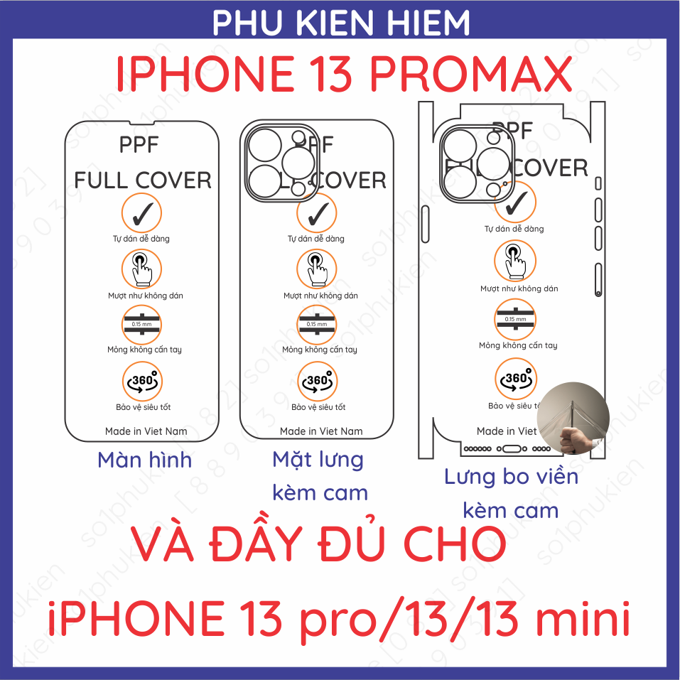 Dán ppf iphone 13 / 13 mini / 13 pro / 13 pro max loại trong, nhám, dành cho màn hình,mặt lưng, full viền
