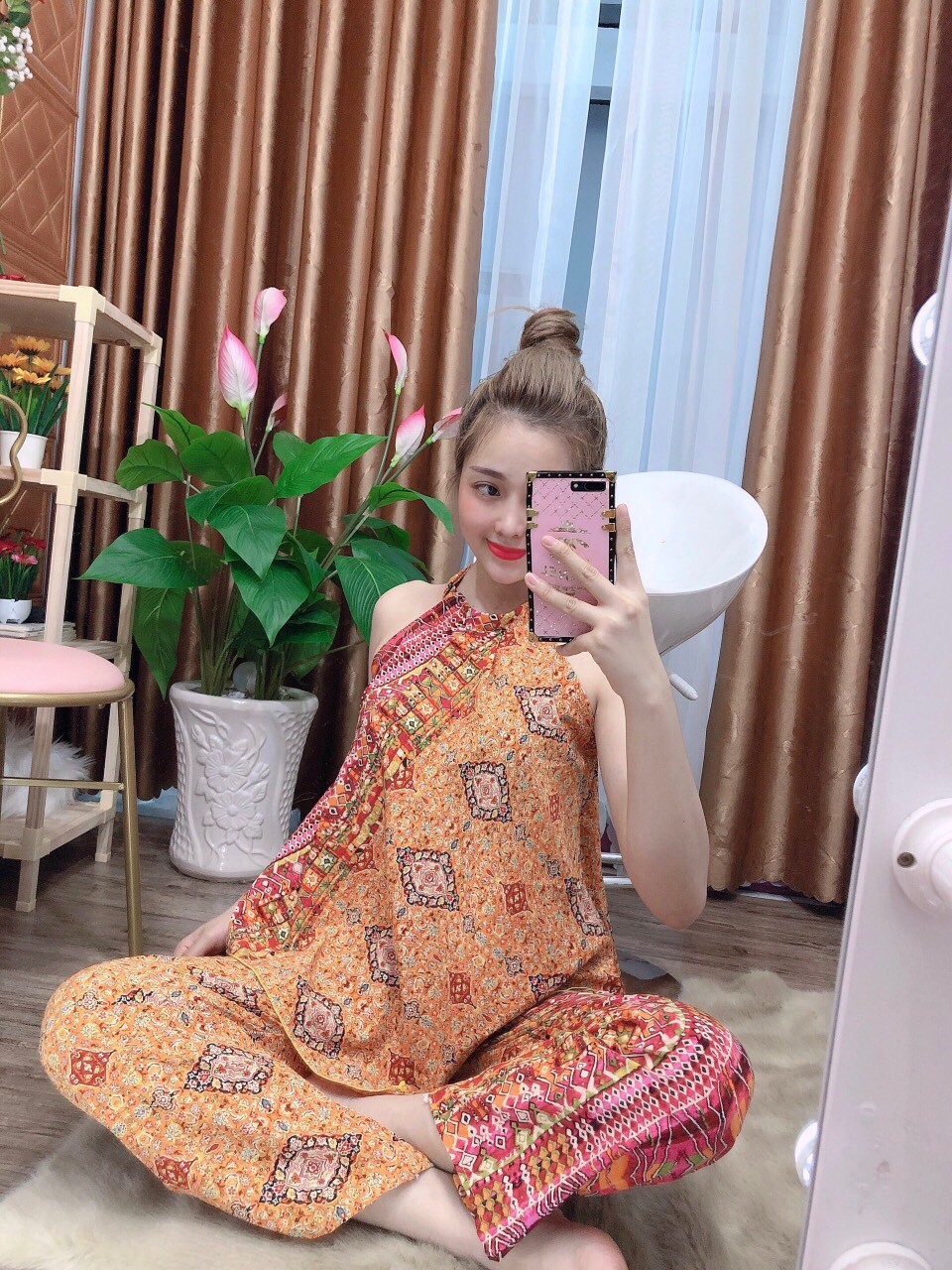 [HCM]Set bộ nữ thổ cẩm áo cổ yếm tròn quần dài ống rộng