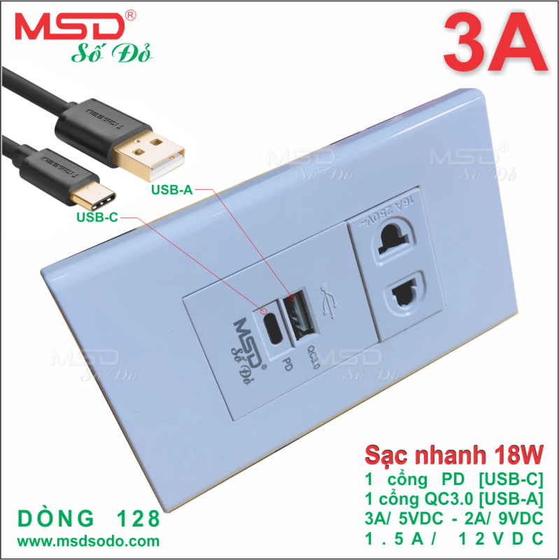 SẠC NHANH ÂM TƯỜNG 18W ÂM TƯỜNG - PD/QC3.0 - 3A/5VDC  + 1 Ổ CẮM 2P 16A - 128MSD giá rẻ