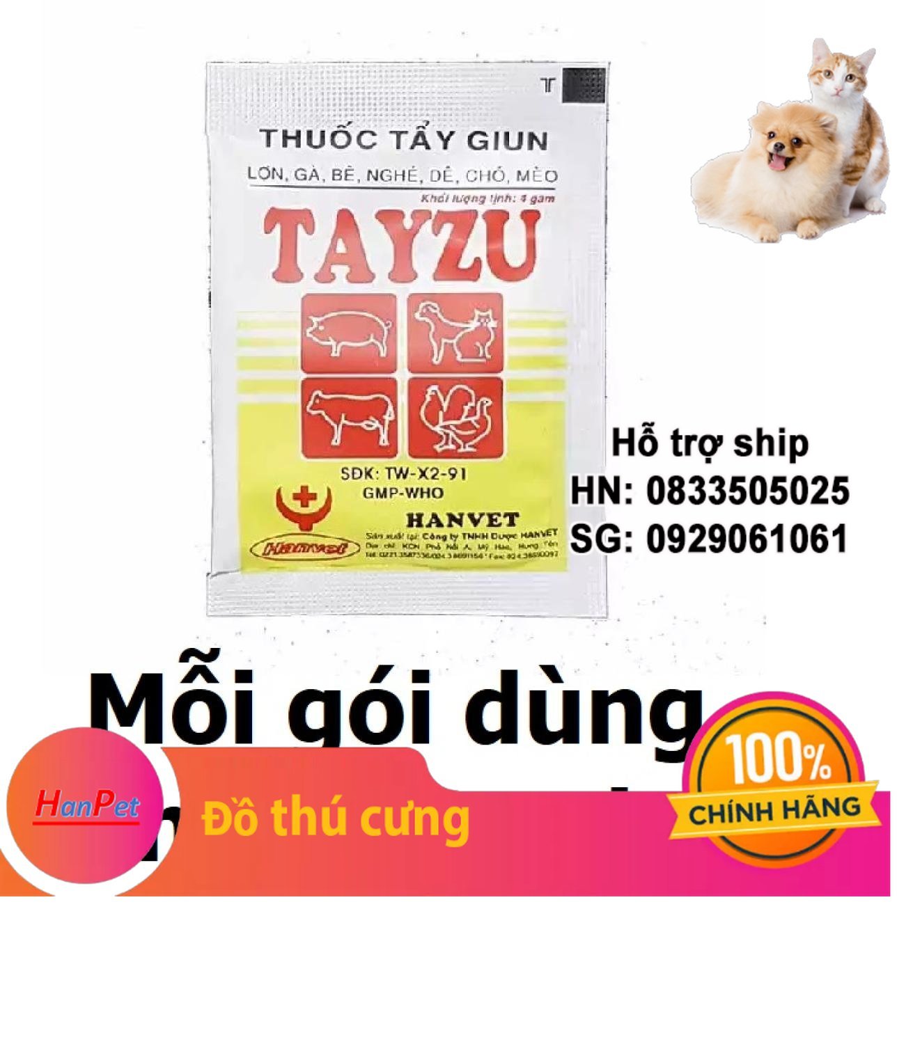 Hanpet - Tẩy giun sán chó mèo 1 gói 4gr