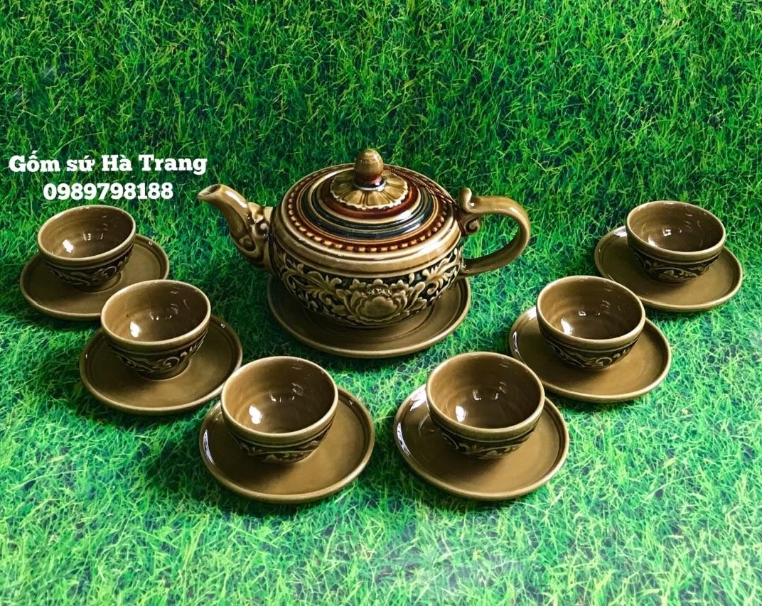 Bộ ấm chén Bát Tràng cao cấp hoạ tiết khắc chìm