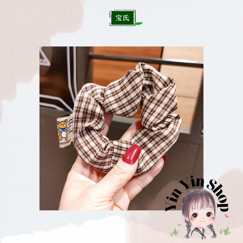 Dây cột tóc scrunchies bản lớn họa tiết caro