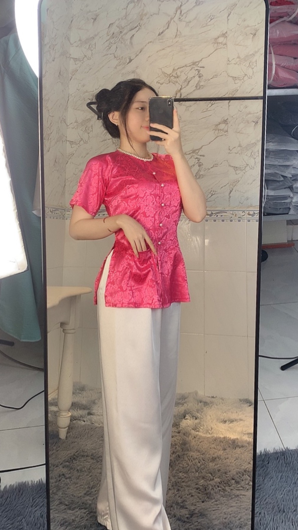 SÉT BÀ BA TAY NGẮN GẤM HOA CÓ TÚI