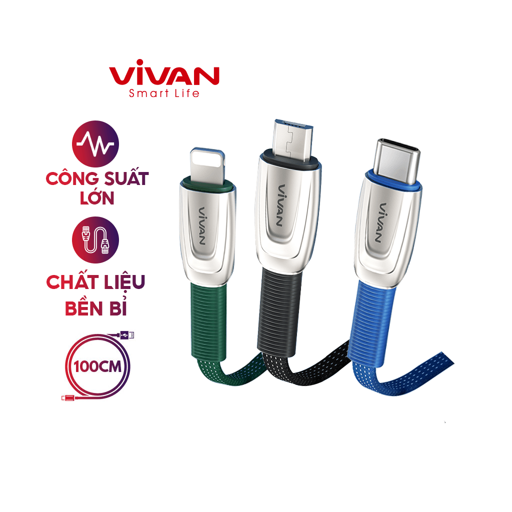 Cáp Sạc Nhanh Iphone/ Type-C/ MICRO USB  VIVAN 3A chiều dài 1m cáp sạc iphone ipad samsung xiaomi oppo vivo huawei chất liệu dây dù chống rối l hàng chính hãng