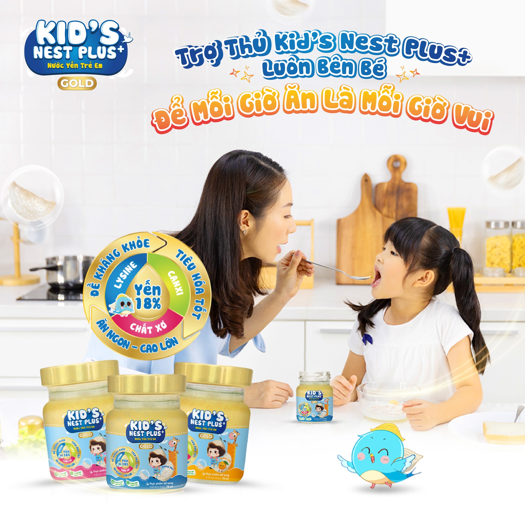 Yến Sào Cho Bé Hộp 6 Hũ Kid's Nest Plus+ GOLD Hỗ Trợ Sức Khỏe Trẻ Ăn Ngon Cao Lớn (6 hũ x 70ml)