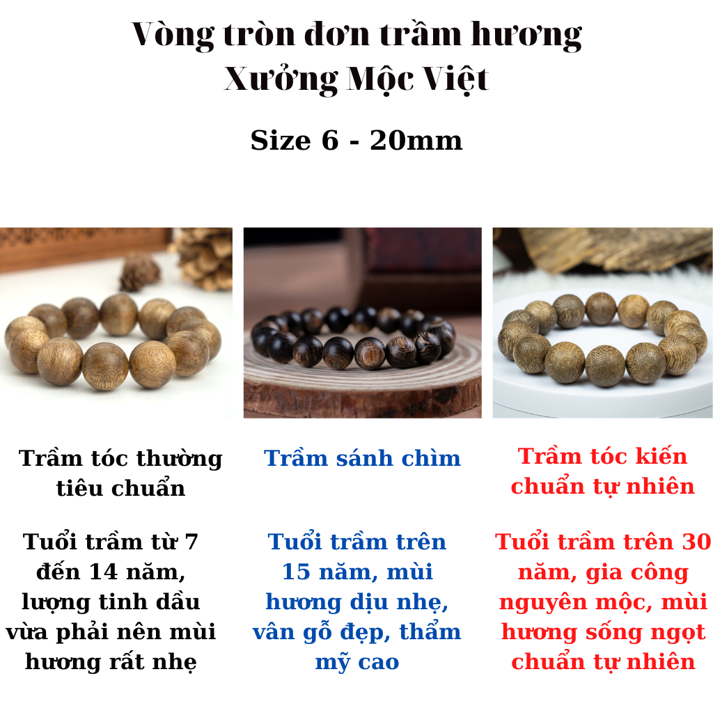 Vòng Tay Trầm Hương Hạt Tròn Xưởng Mộc Việt - Trầm Sánh Chìm Cao Cấp Size 6 - 20MM