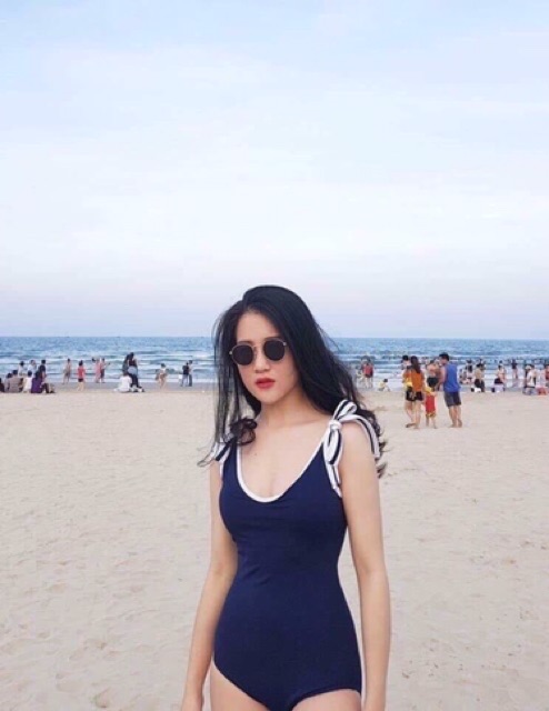 Bikini 1 mảnh nơ vai xanh đen dễ thương