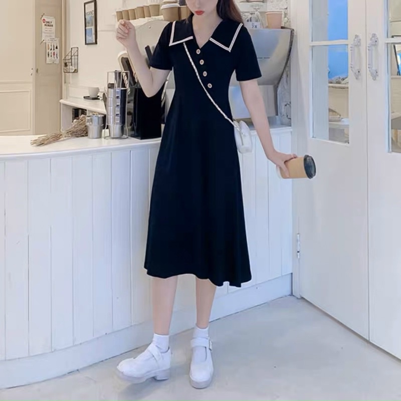 ĐẦM TAY NGẮN, CỔ VIỀN TRẮNG, NÚT XÉO  ( có ảnh thật) MS139
