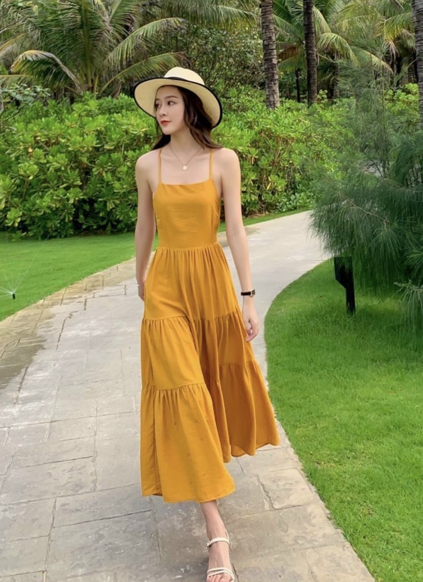 Đầm maxi vàng đan dây sau