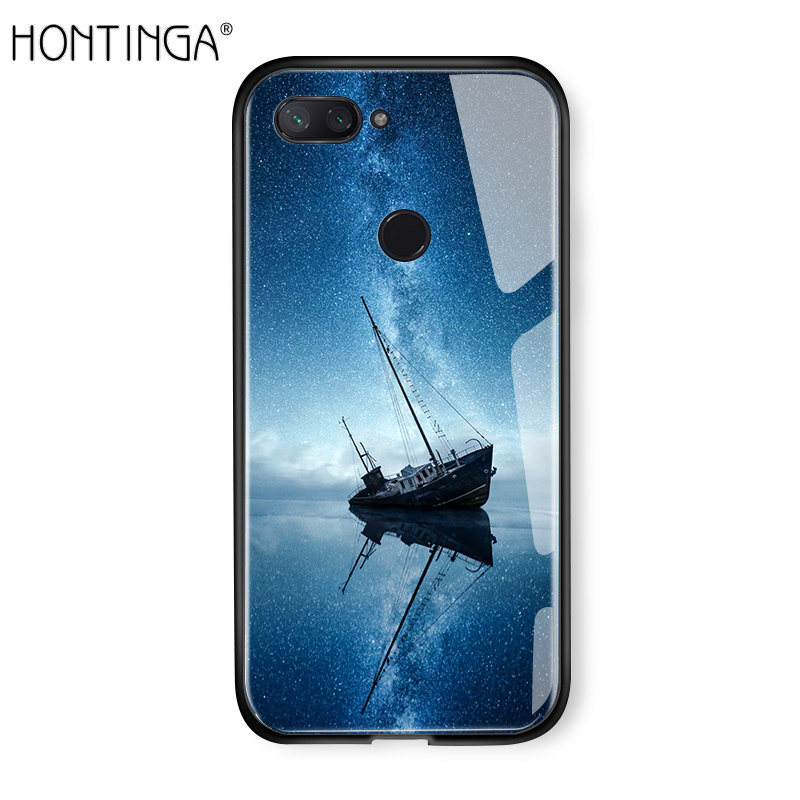 Hontinga For Xiaomi Mi 8 Lite Aurora Galaxy Space Sky Starry Gradient Casing Case Shockproof Tempered Glass Back Cover
