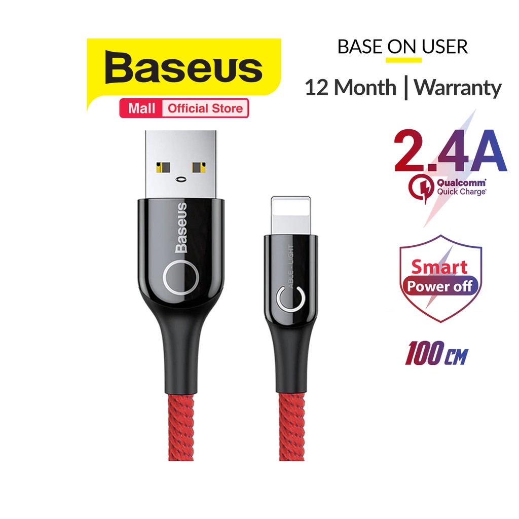 Baseus Cáp sạc Lightning tự ngắt cho iPhone iPad (2.4A, Sạc nhanh, Sợi Carbon Siêu Bền)