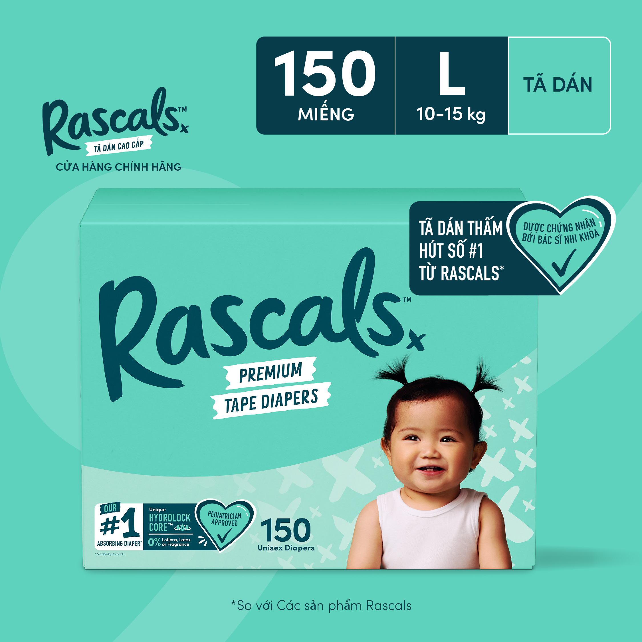 Thùng 3 bịch Tã/Bỉm Dán Rascals Size L (10-15kg) 150 miếng